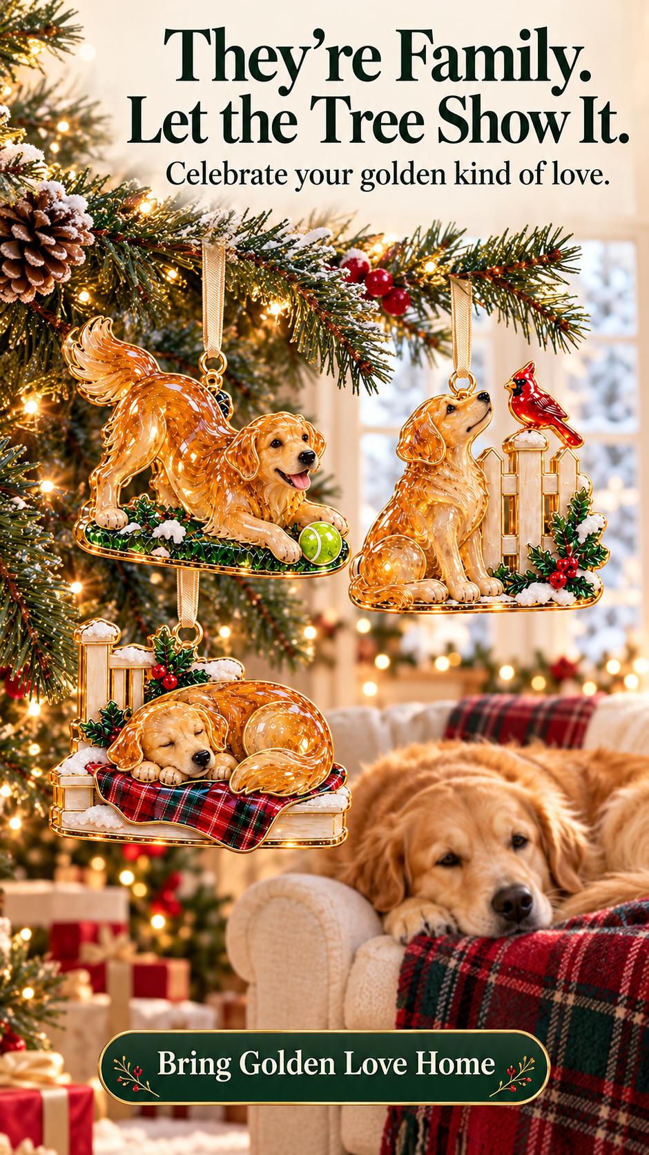 Golden Retriever ornaments hanging beside a real Golden Retriever at Christmas