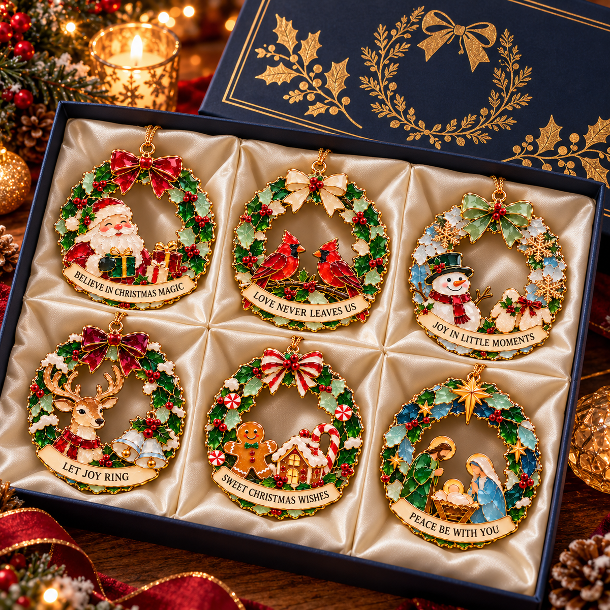Christmas Wishes Wreath Ornaments – 6 Festive Designs in Stained Glass Style