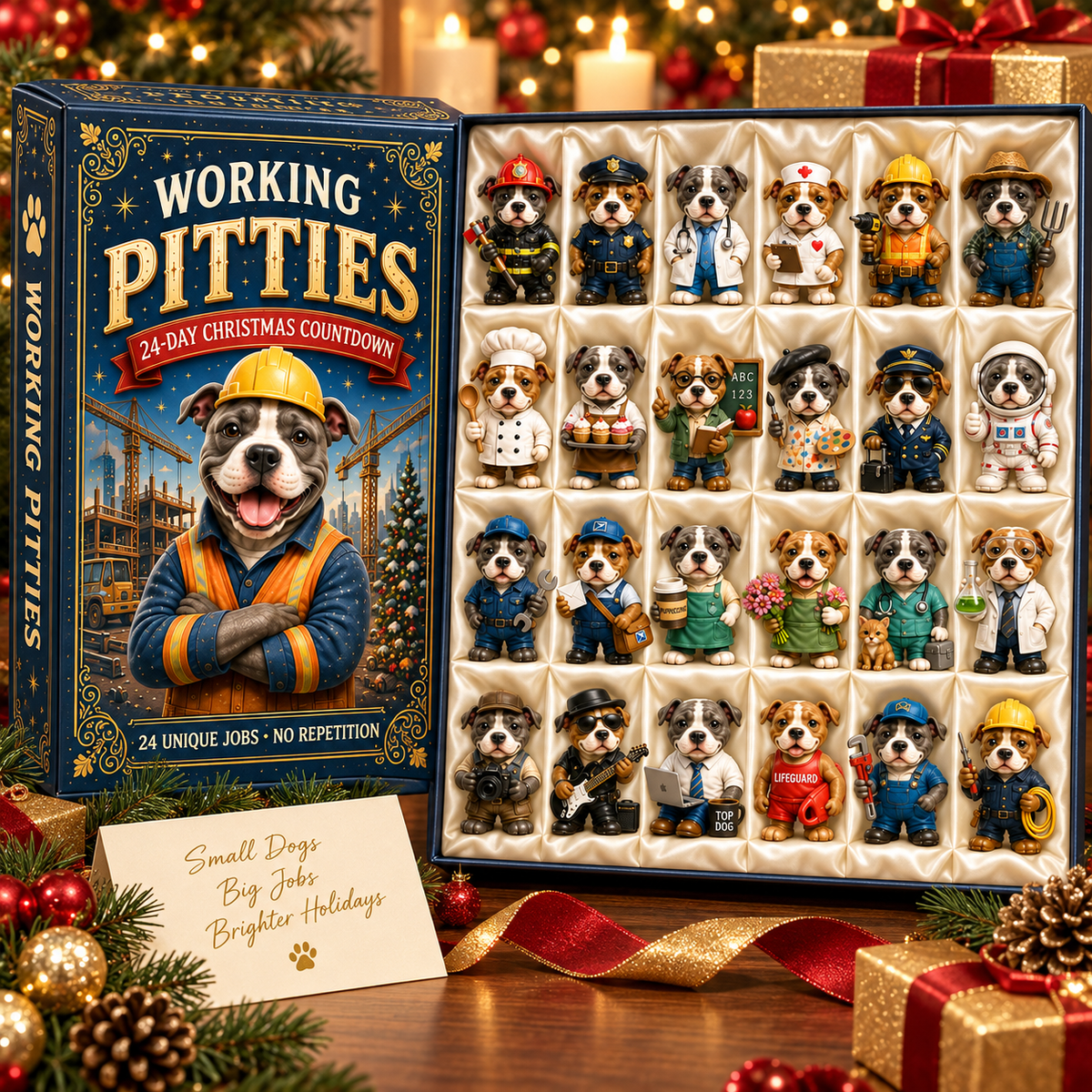 2026 Working Pitties 24-Day Christmas Countdown Calendar – 24 Unique Career Pit Bull Miniatures, Funny Working Dog Collector’s Gift for Pittie Lovers