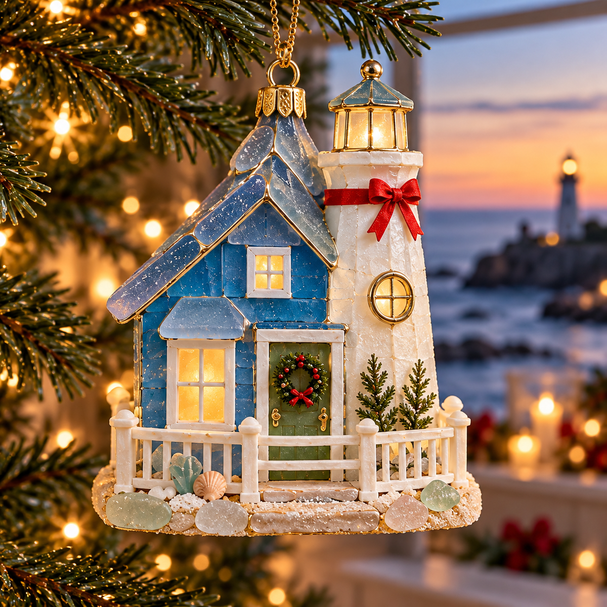 🌊 2026 Coastal Christmas Cottage Ornaments – Set of 6 Beach House Holiday Keepsakes