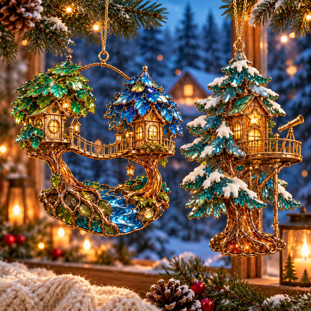 ✨ 2026 Enchanted Stained Glass Treehouse Christmas Ornaments – Set of 6 |  Fairy Tree Houses, Autumn Maple, Acorn Cottage & Moonlight Willow Hanging Decorations | Magical Christmas Tree Ornaments & Fairy Garden Gifts