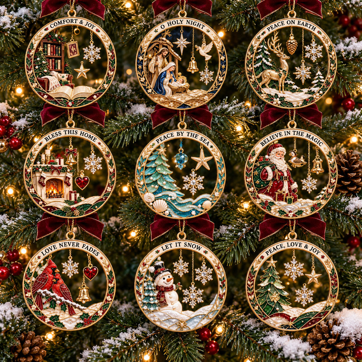 2026 Christmas Blessings Hanging Ornaments – 9 Festive Designs with Holiday Scenes, Stars & Snowflakes