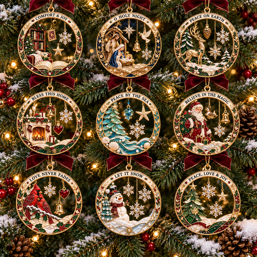 2026 Christmas Blessings Hanging Ornaments – 9 Festive Designs with Holiday Scenes, Stars & Snowflakes