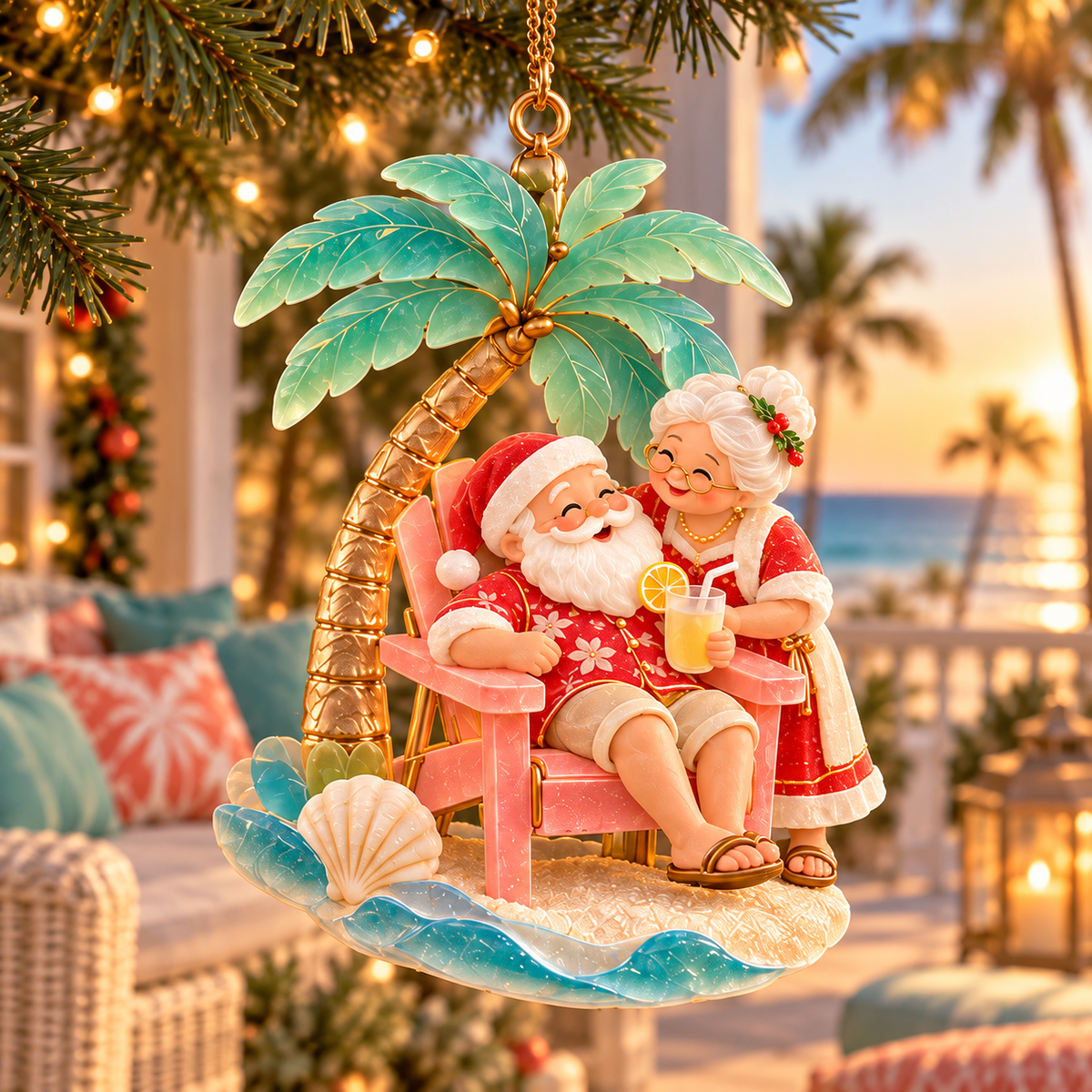 🏖️ 2026 Coastal Christmas Santa & Mrs. Claus Ornaments – Set of 6 Tropical Holiday Keepsakes