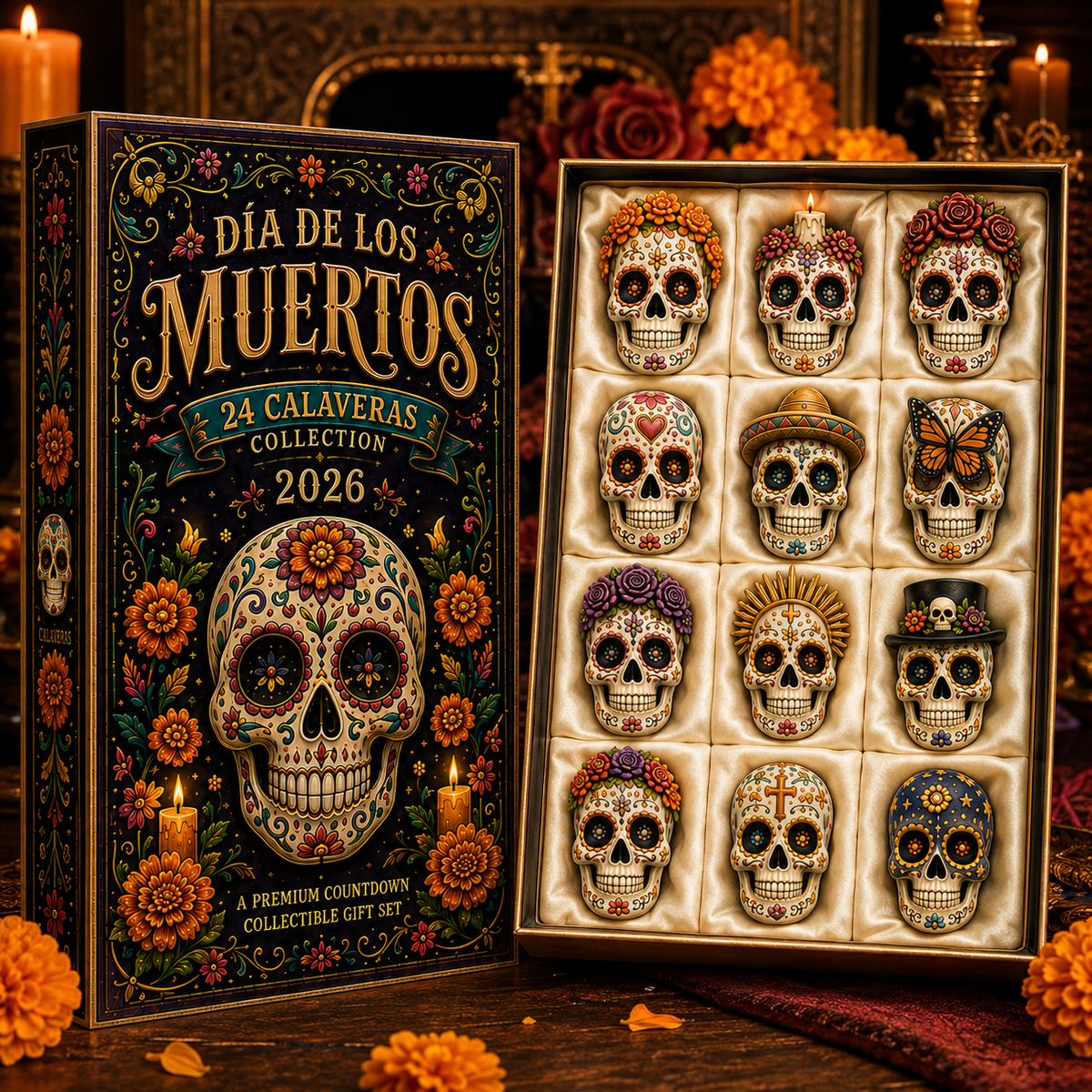 Dia de los Muertos 24-Day Advent Calendar – 24 Collectible Sugar Skull Figurines, Premium Day of the Dead Countdown Gift Set for Collectors & Holiday Lovers