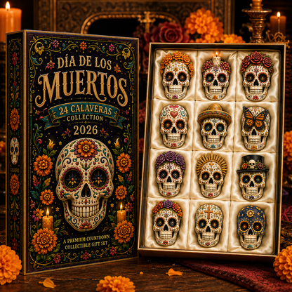Dia de los Muertos 24-Day Advent Calendar – 24 Collectible Sugar Skull Figurines, Premium Day of the Dead Countdown Gift Set for Collectors & Holiday Lovers