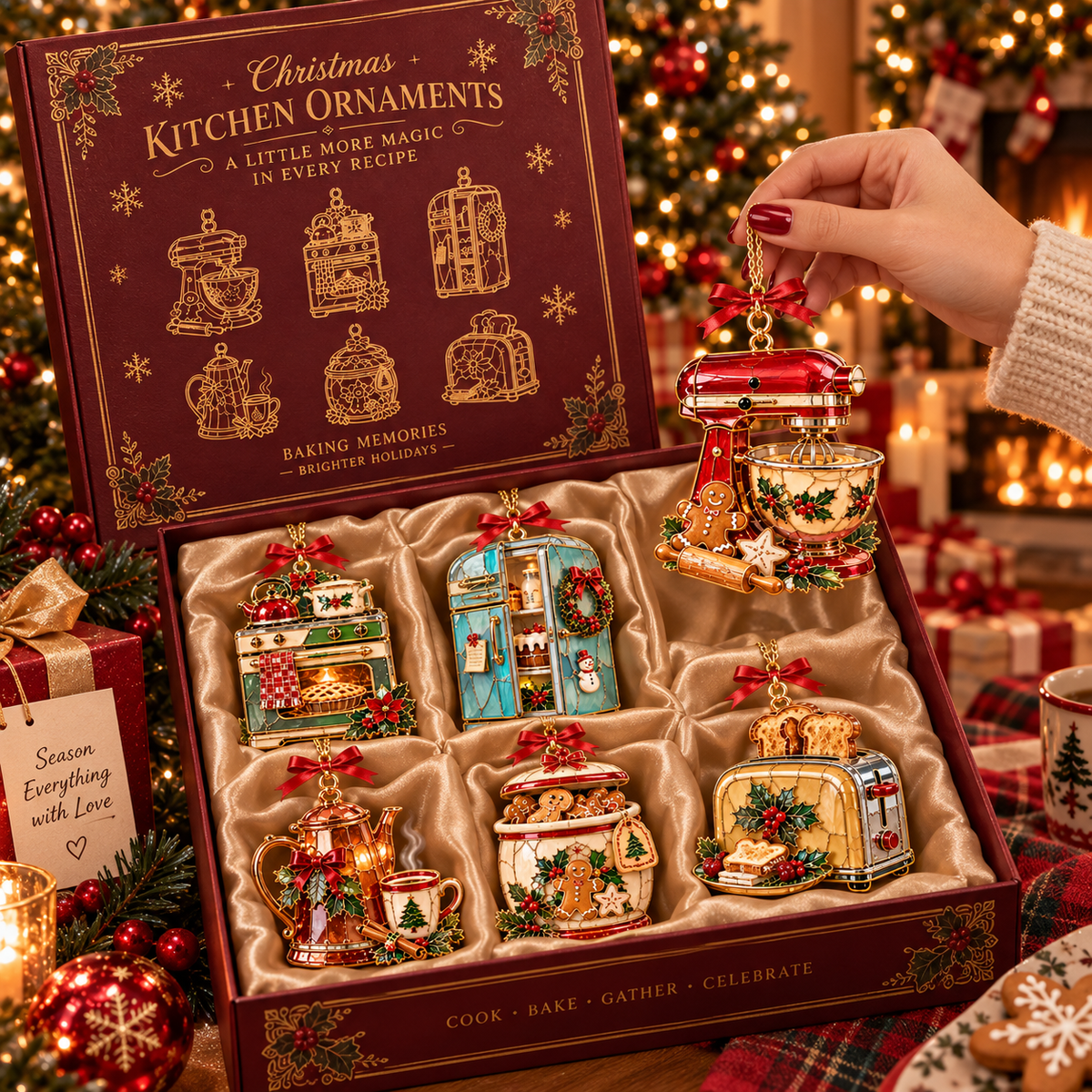 Vintage Christmas Kitchen Ornaments – 6-Piece Retro Baking & Cooking Ornament Set | A Heartwarming Christmas Gift for Bakers, Moms & Grandmas