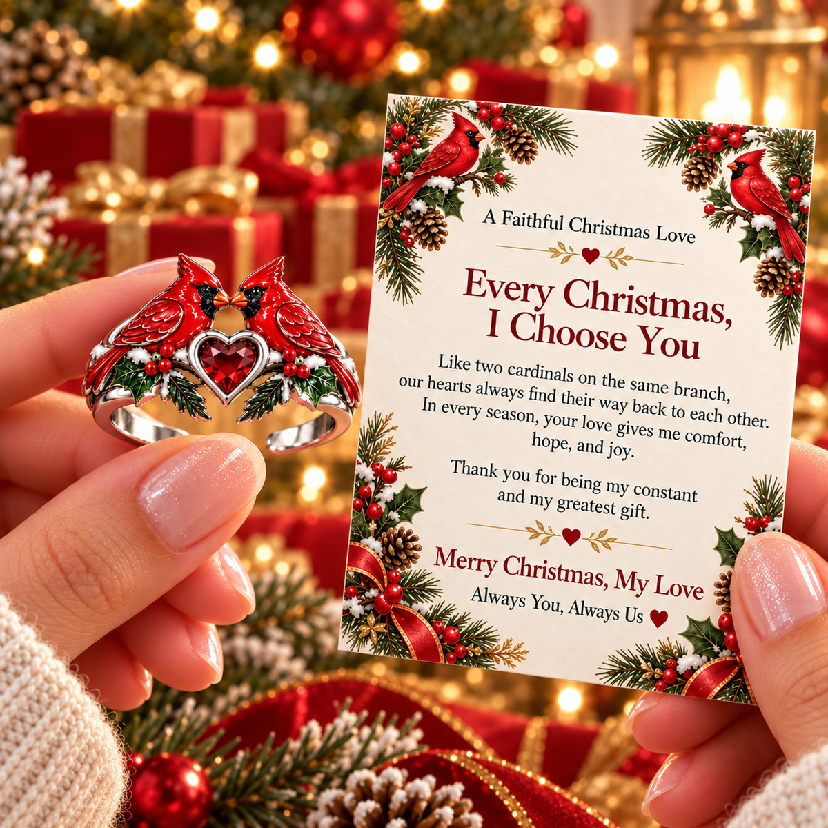 Every Christmas, I Choose You – Romantic Cardinal Heart Ring with Love Message Card, Meaningful Christmas Gift for Her
