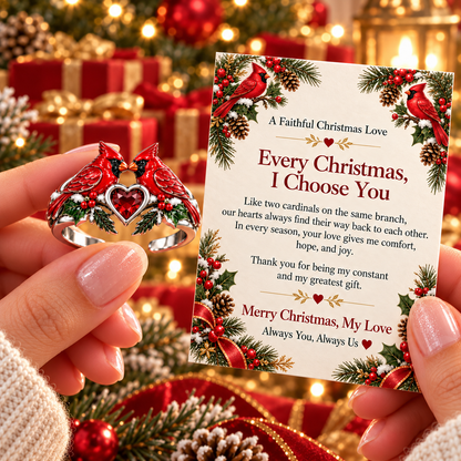 Every Christmas, I Choose You – Romantic Cardinal Heart Ring with Love Message Card, Meaningful Christmas Gift for Her