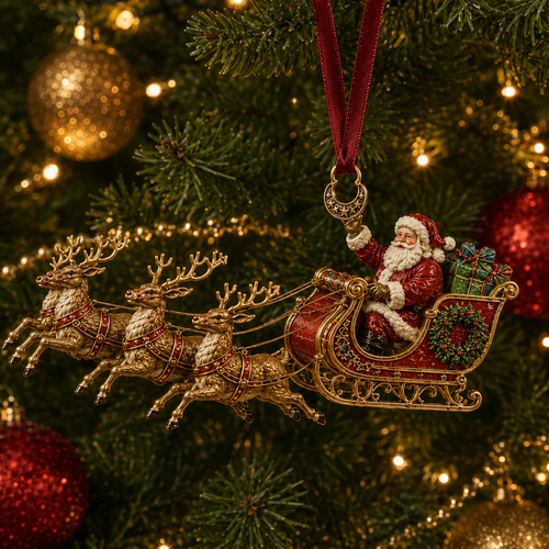 Christmas Santa & Reindeer Sleigh Ornament