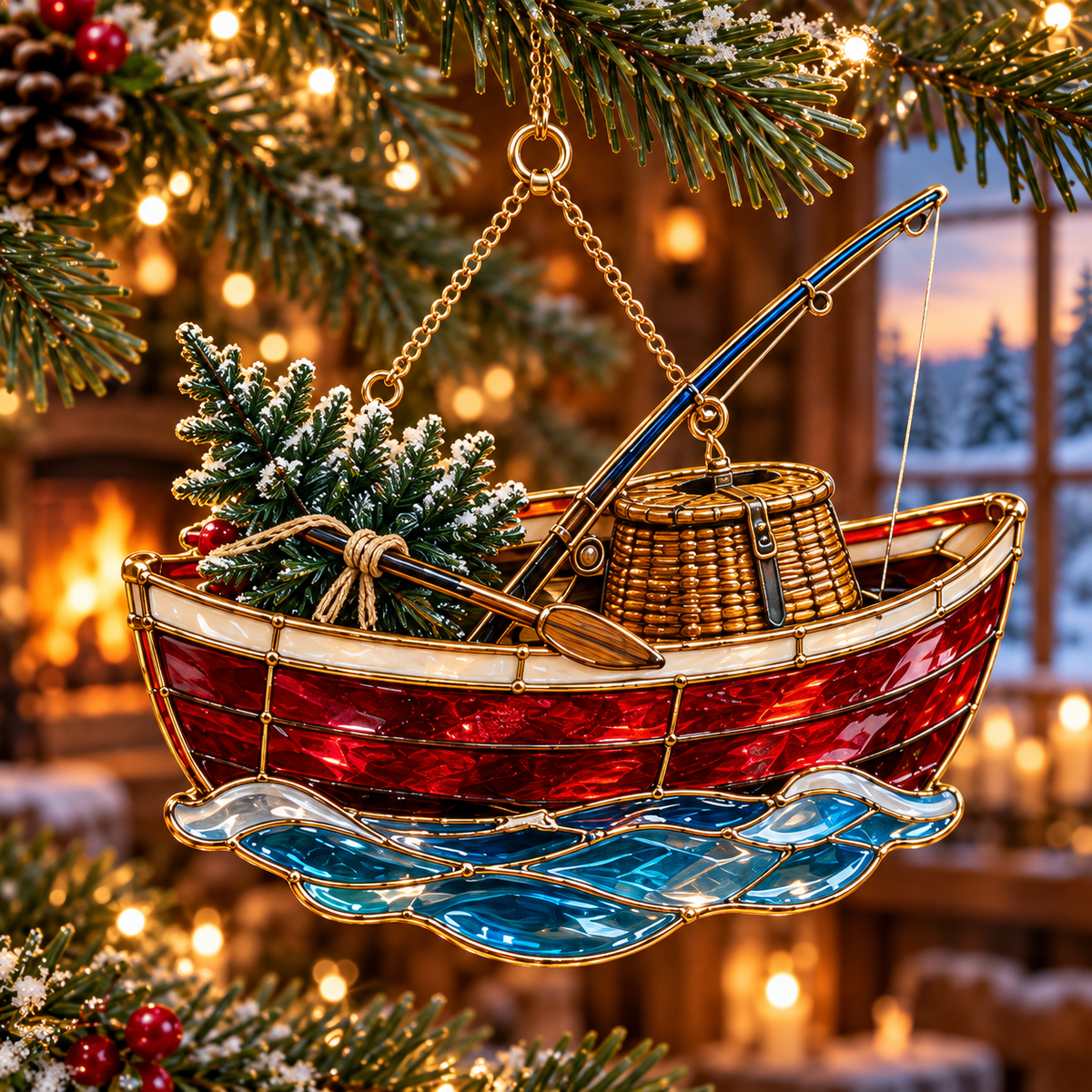 Reel in the Christmas Magic — Vintage Stained Glass–Style Fishing Ornaments, Set of 6