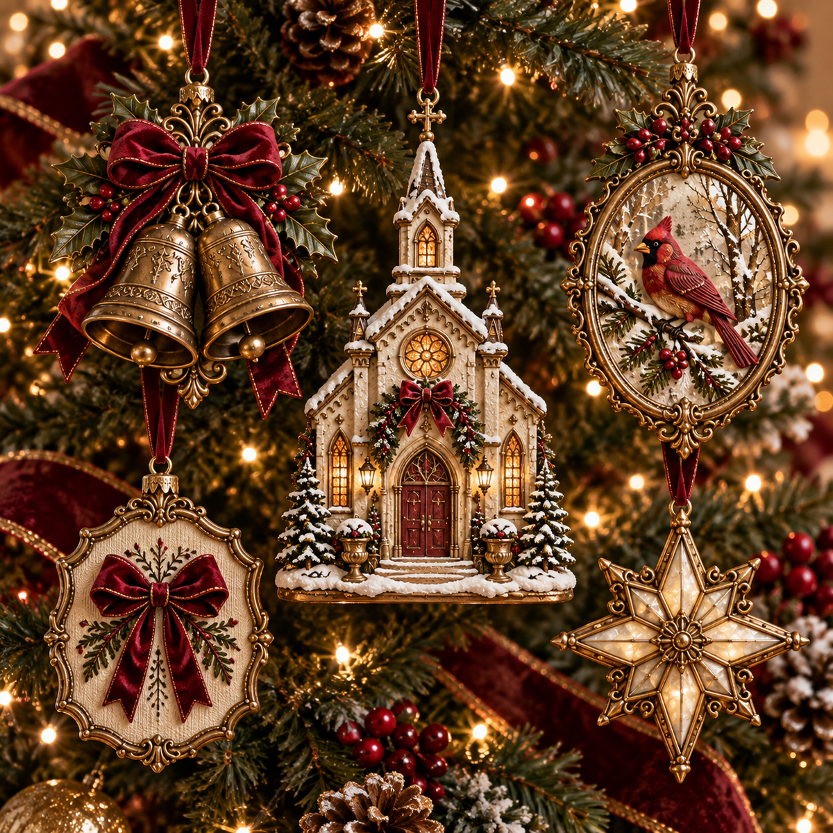 2026 Vintage Christmas Ornament Set – 5 Elegant Designs in Burgundy & Gold