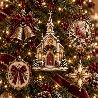 2026 Vintage Christmas Ornament Set – 5 Elegant Designs in Burgundy & Gold
