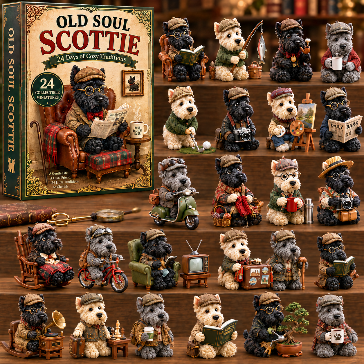Old Soul Scottie 24-Day Advent Calendar – 24 Adorable Collectible Scottish Terrier Miniatures, Cozy Christmas Countdown Gift for Scottie Lovers & Dog Owners