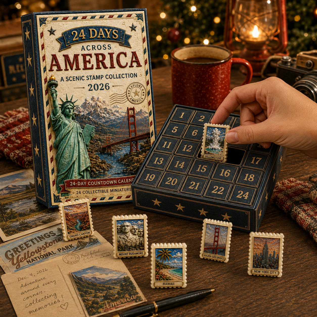 2026 24-Day Across America Advent Calendar – 24 Collectible Scenic Stamp Miniatures Featuring Iconic U.S. Landmarks, A Unique Christmas Gift for Travel Lovers & Collectors