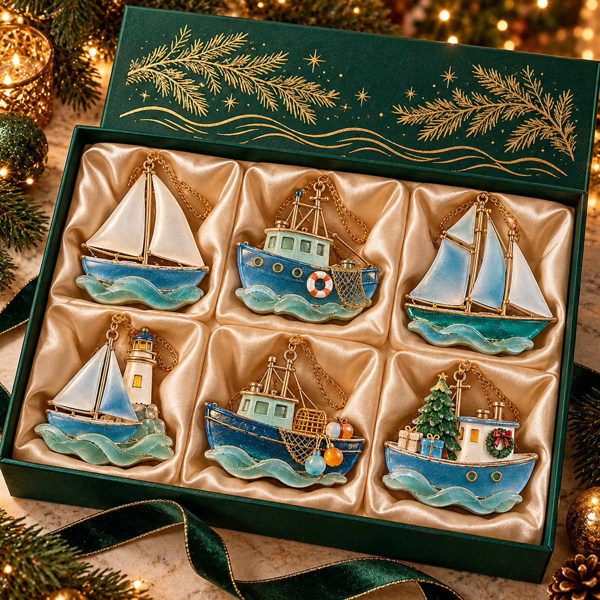 🌊 2026 Coastal Christmas Boat Ornaments – Set of 6 Nautical Holiday Keepsakes