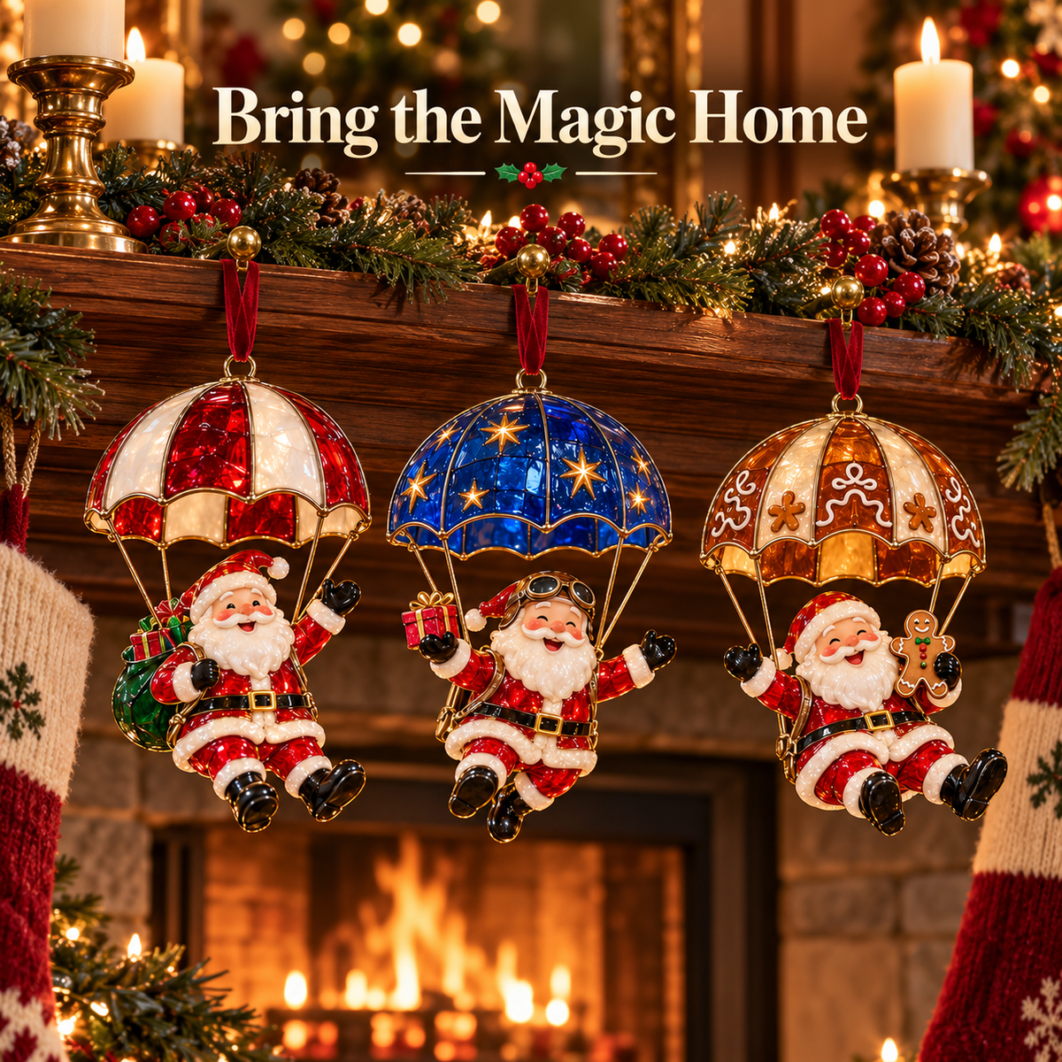 Three parachuting Santa ornaments hanging from Christmas mantel garland