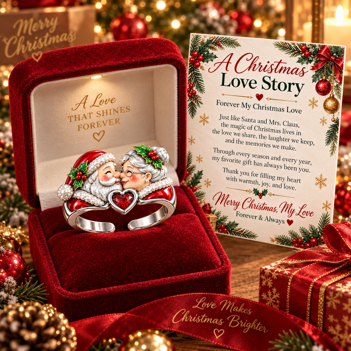 A Christmas Love Story – Santa & Mrs. Claus Adjustable Heart Ring with Romantic Message Card | Christmas Gift for Wife
