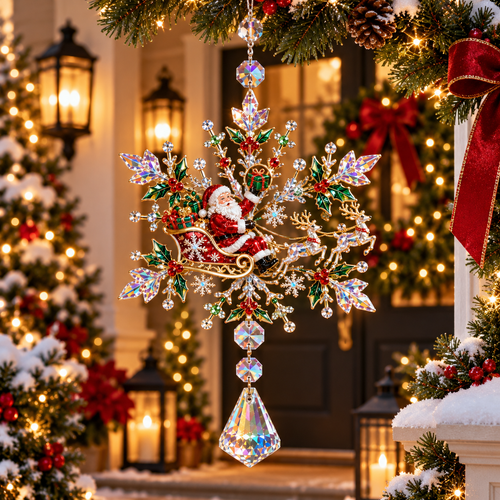 2026 Santa Sleigh Crystal Snowflake Ornament – Sparkling Reindeer & Holly Christmas Suncatcher, Elegant Holiday Tree Decoration & Keepsake Gift
