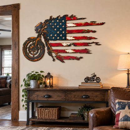 🏍️🇺🇸 American Flag Motorcycle Metal Wall Art – A Bold Tribute to Freedom & the Open Road
