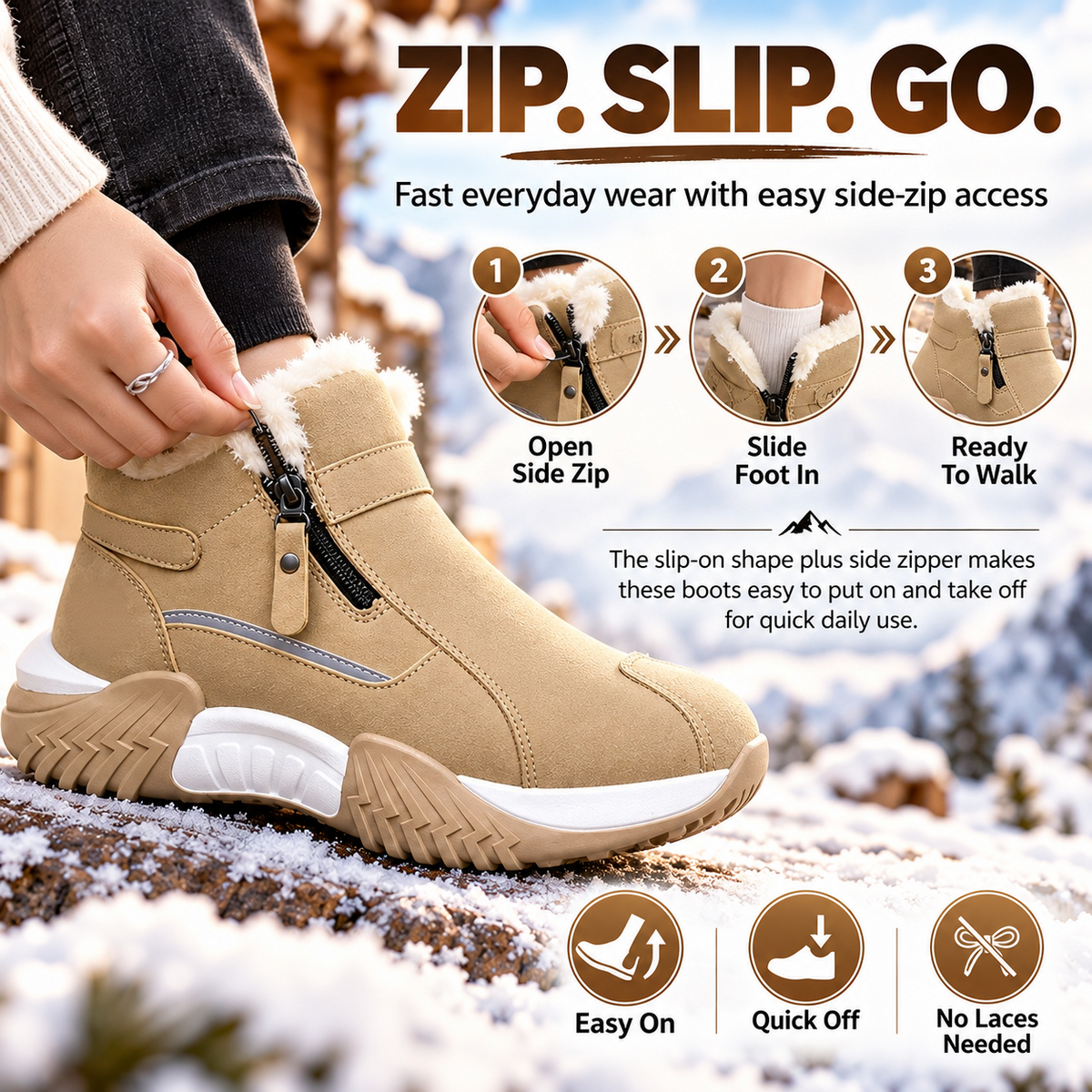 Warm Fleece Winter Snow Boots with Side Zip | Anti-Slip Outdoor Ankle Shoes