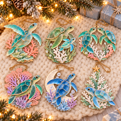 🐢 2026 Ocean Christmas Sea Turtle Ornaments – Set of 6 Coastal Holiday Keepsakes