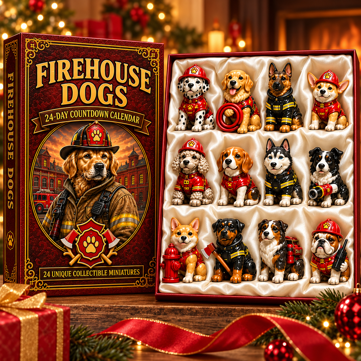 2026 Firehouse Dogs 24-Day Christmas Countdown Calendar – 24 Unique Firefighter Dog Miniatures, Heroic Canine Collector’s Gift for Dog & Firefighter Lovers