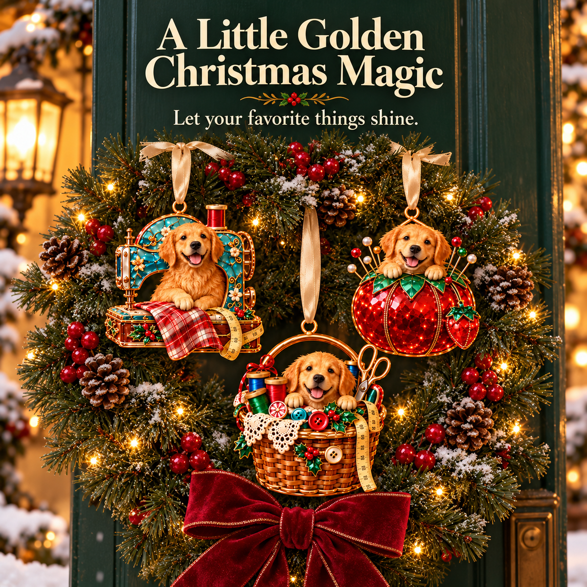 Golden Retriever Sewing-Themed Christmas Ornament