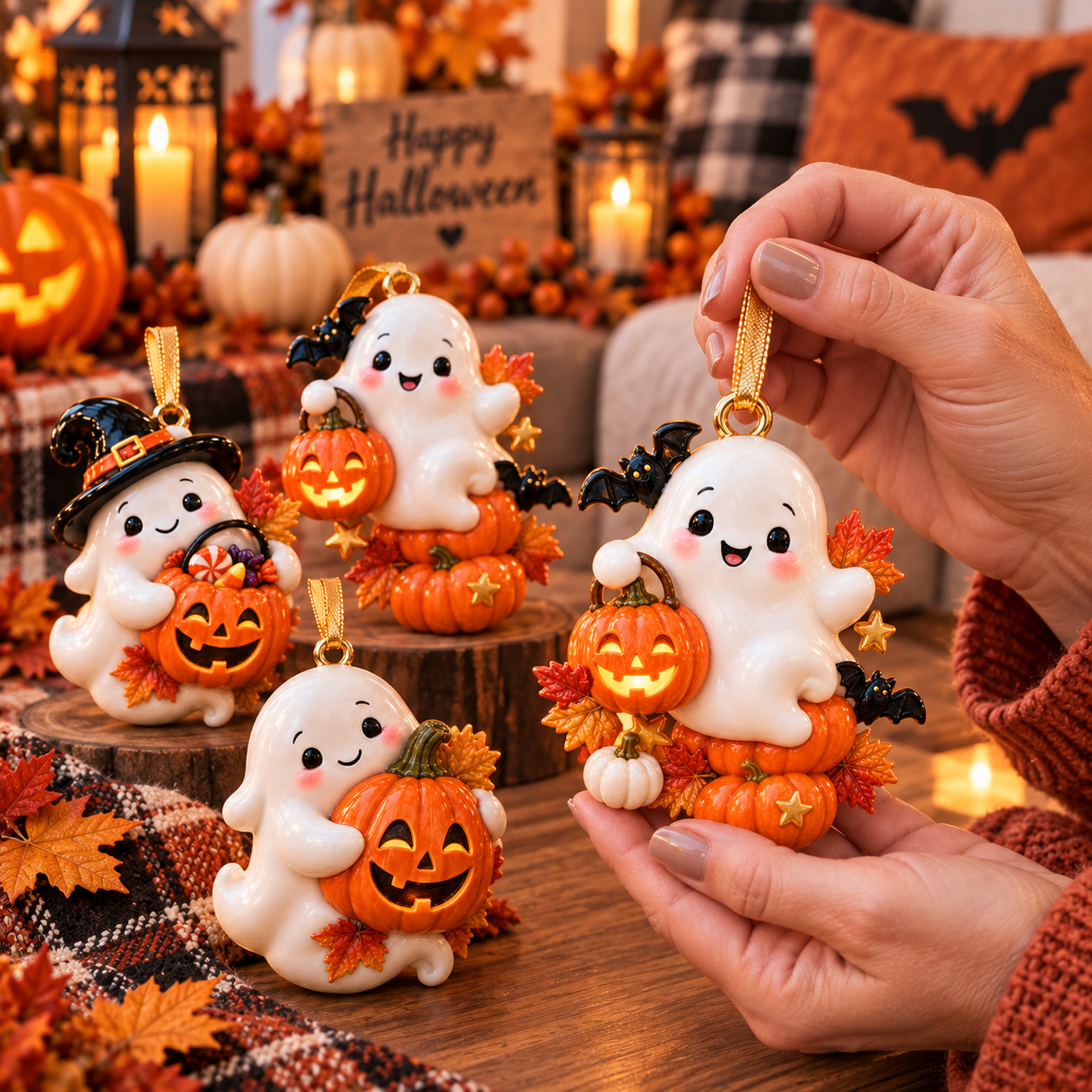 Cute Ghost & Pumpkin Halloween Ornament  –  Spooky-Cute Hanging Keepsake Collection, Fun Halloween Gift for Family & Ghost Lovers