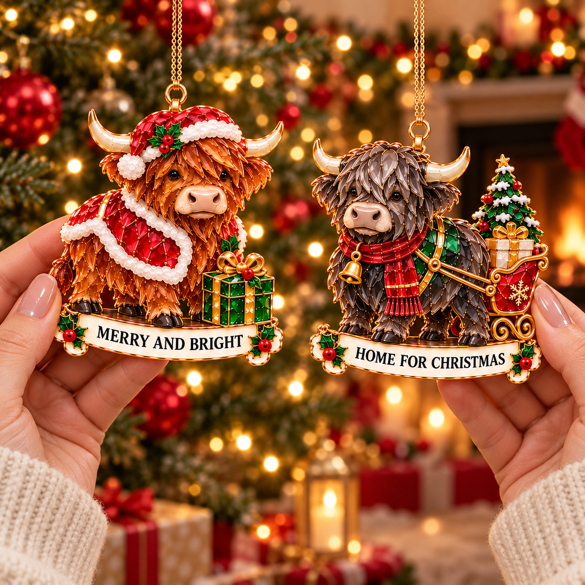 2026 Highland Cow Christmas Ornaments – 6 Festive Designs with Stained-Glass Charm & Heartwarming Wishes