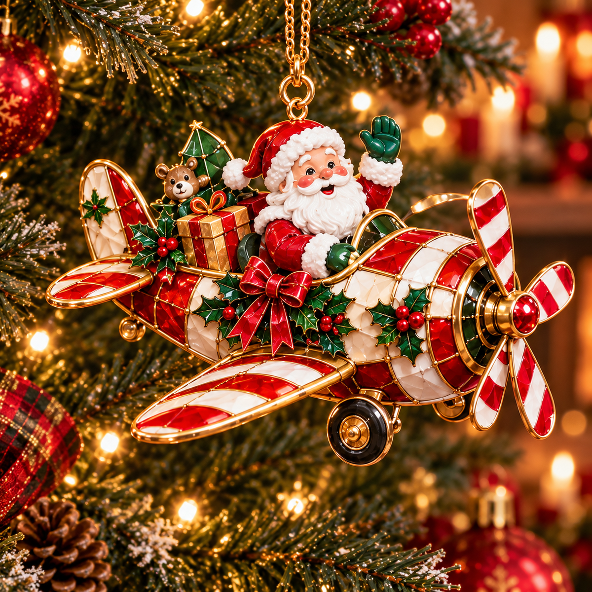 Santa’s Christmas Flight – 6-Piece Vintage Santa Airplane Ornaments Collection | Christmas Tree Decorations & Holiday Gift