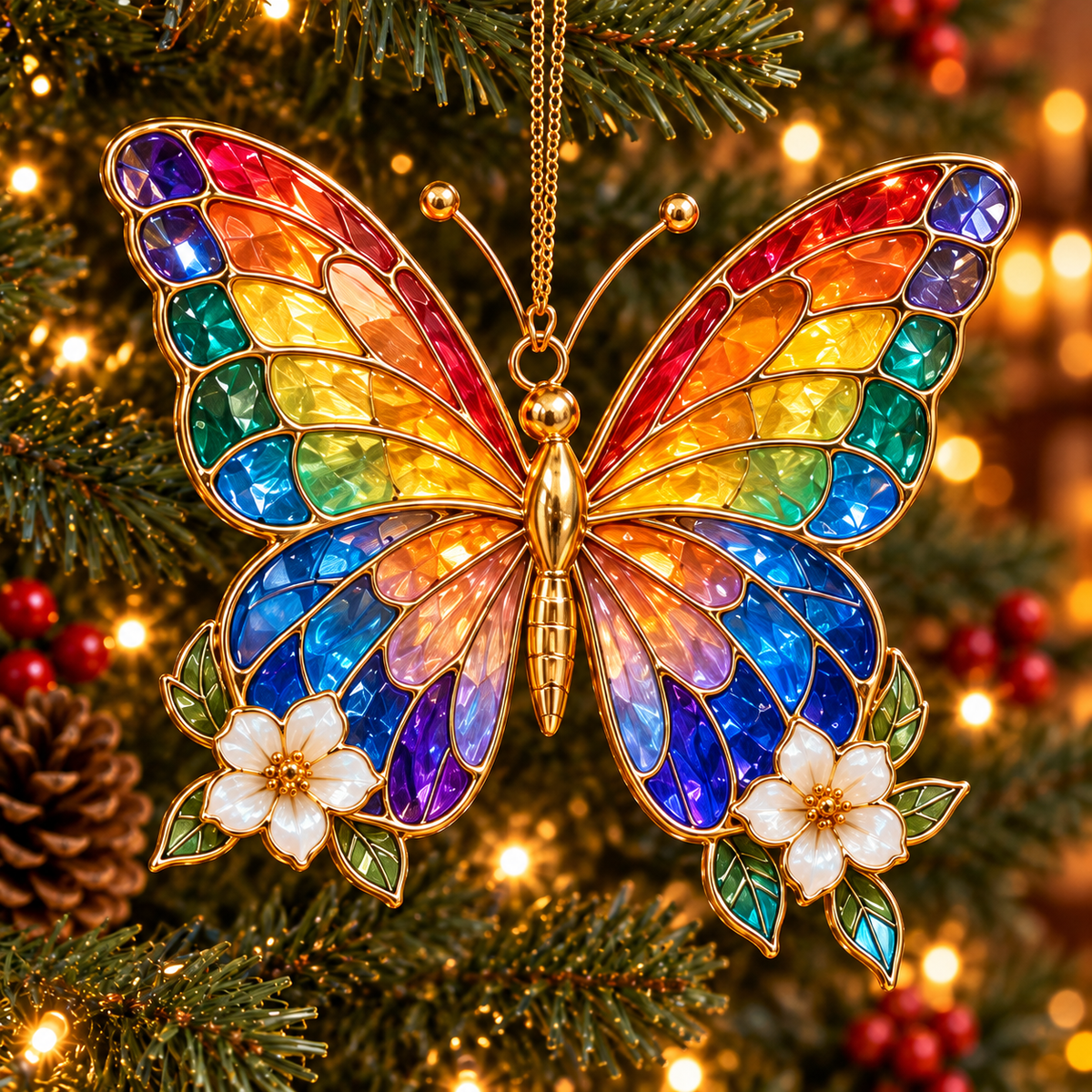 🎄 2026 Magical Rainbow Stained Glass Christmas Ornaments – Set of 6 | Rainbow, Butterfly, Crescent Moon, Hummingbird, Angel Wings Heart & Christmas Tree Hanging Decorations | Colorful Holiday Gifts