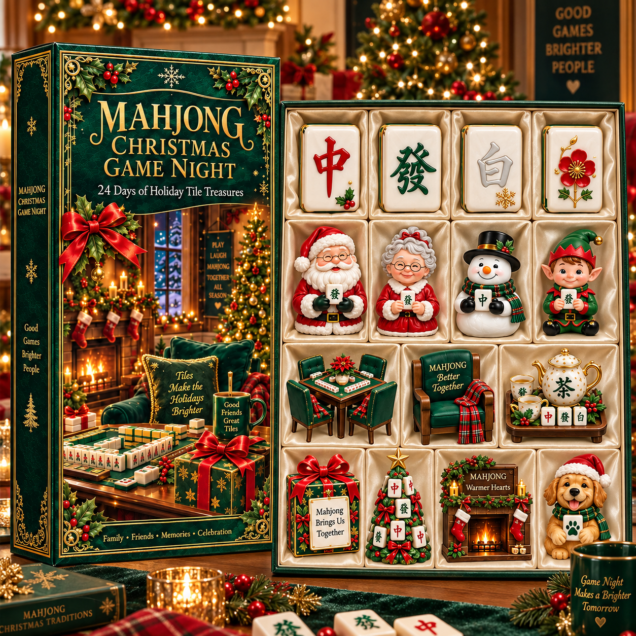 Mahjong Christmas Game Night 2026 – 24-Day Holiday Tile Treasures Countdown Calendar with 24 Unique Collectible Miniatures, Festive Gift for Mahjong Lovers & Family Game Nights