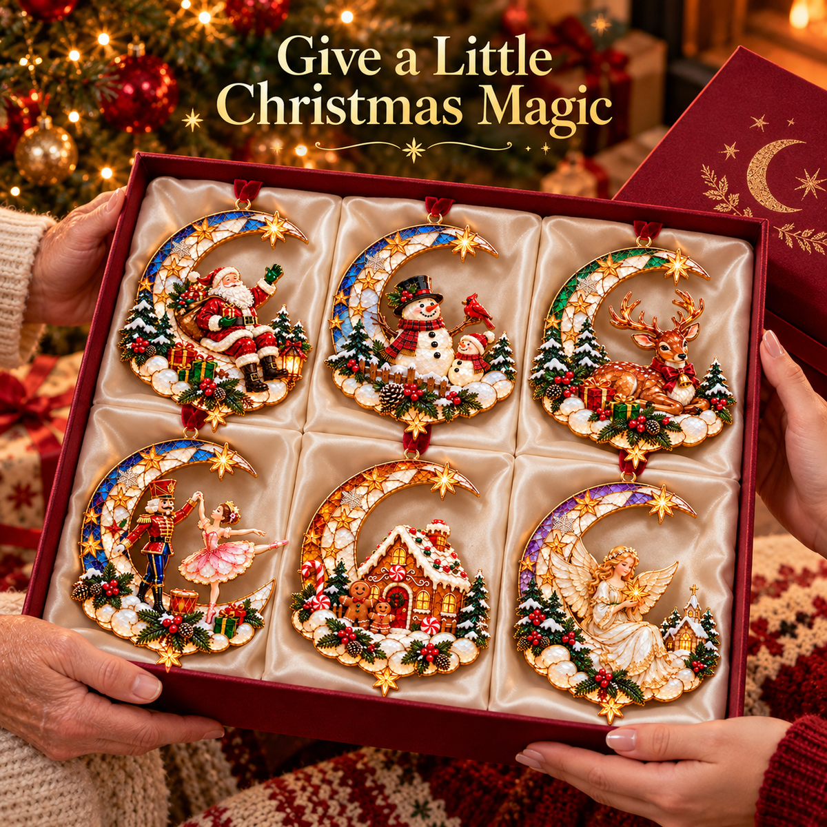 Complete six piece crescent moon Christmas ornament collection in presentation tray
