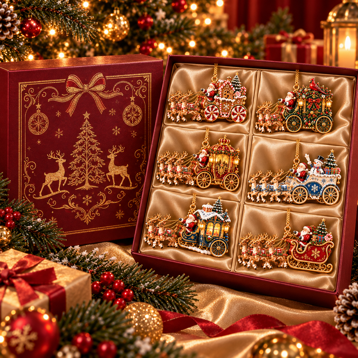 Santa’s Magical Christmas Journey – 6-Piece Vintage Reindeer Sleigh & Carriage Ornament Collection | Christmas Tree Decorations & Holiday Gifts