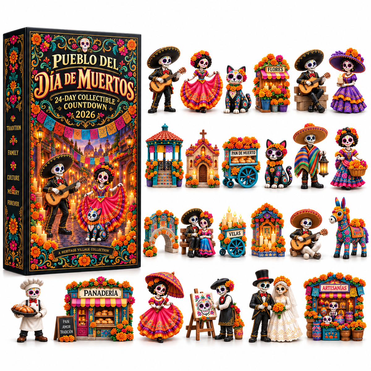 24 miniature pieces included in Pueblo Dia de Muertos countdown