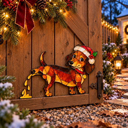 Funny Peeing Dachshund Christmas Decoration – Stained Glass-Style Sausage Dog Yard Art & Baseboard Decor