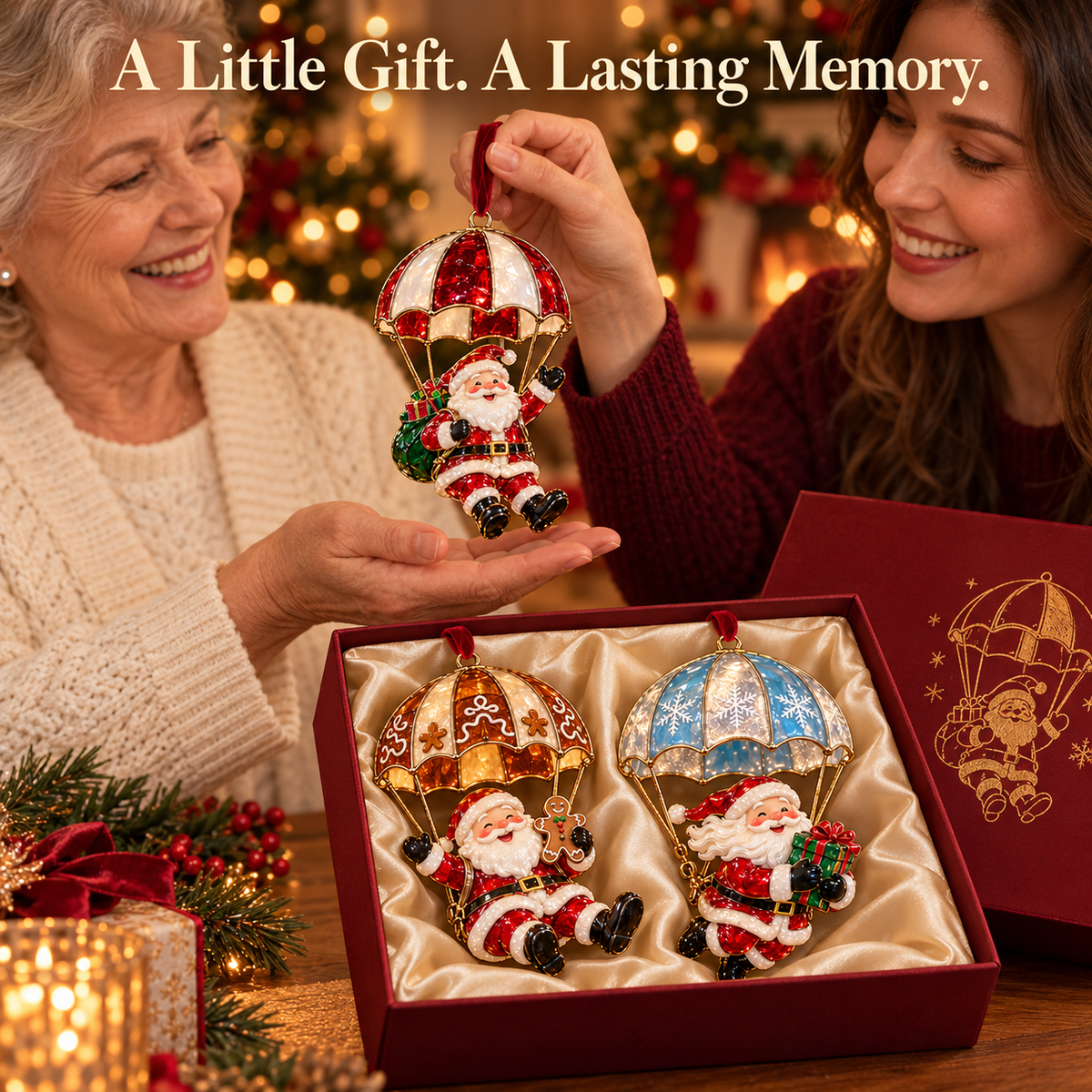 Parachuting Santa Christmas ornaments presented as a holiday gift