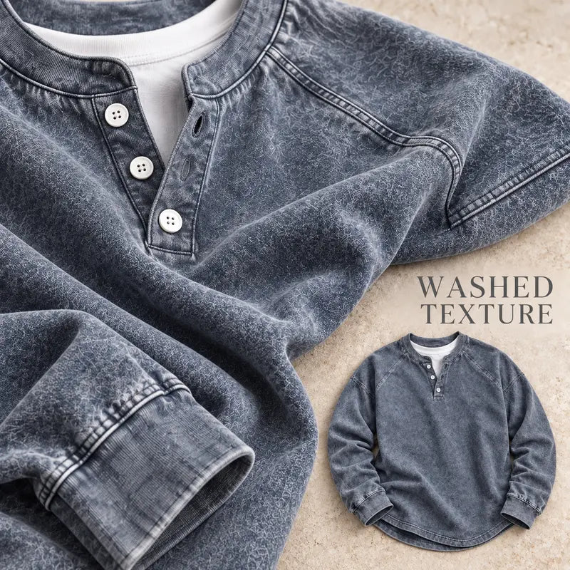 Men's Vintage Washed 3-Button Henley Long Sleeve Plain Pullover 🧥