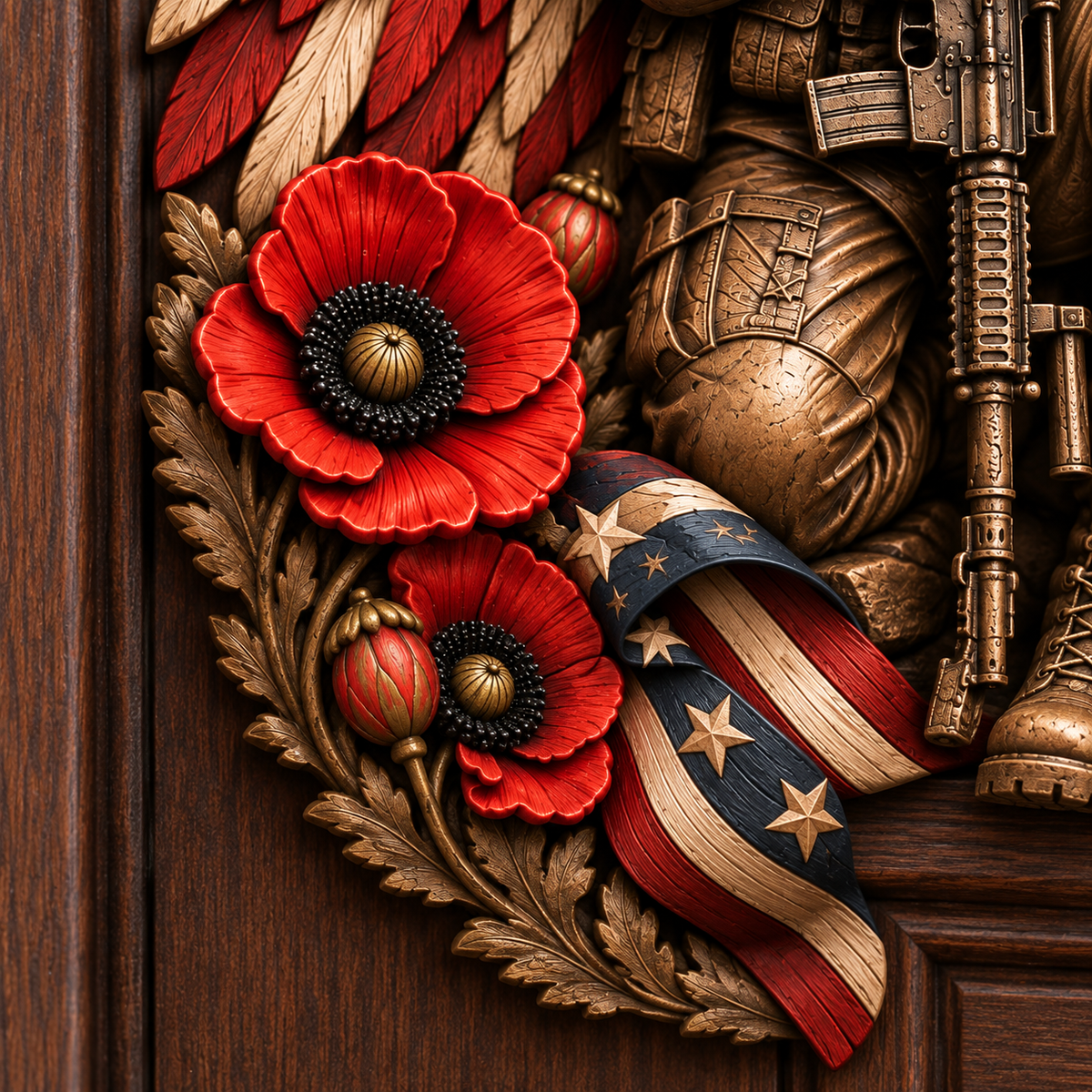 Fallen Hero Memorial Door Frame Corner Décor – Patriotic Angel Wings, Soldier’s Cross & Red Poppy Veteran Remembrance Tribute