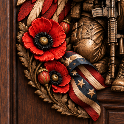 Fallen Hero Memorial Door Frame Corner Décor – Patriotic Angel Wings, Soldier’s Cross & Red Poppy Veteran Remembrance Tribute