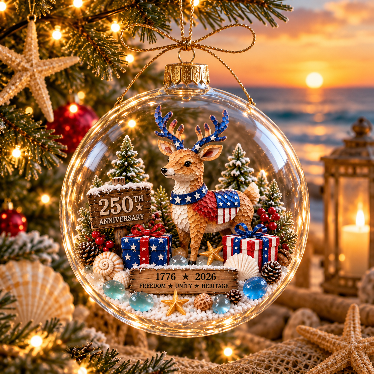 2026 250th Anniversary Ocean Christmas Series – Coastal Holiday Globe Ornament Collection with Santa, Snowman, Reindeer & Christmas Tree Keepsakes
