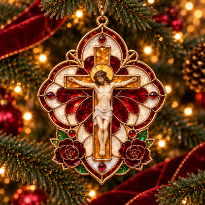 2026 Sacred Light — Vintage Stained Glass–Style Crucifix Christmas Ornaments | Set of 6