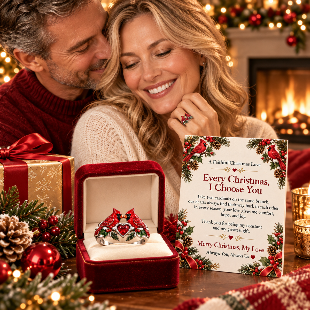 Every Christmas, I Choose You – Romantic Cardinal Heart Ring with Love Message Card, Meaningful Christmas Gift for Her