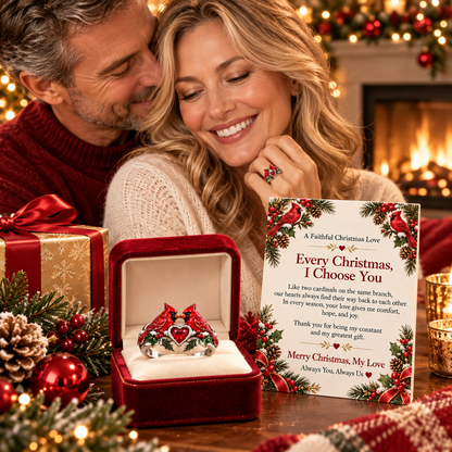 Every Christmas, I Choose You – Romantic Cardinal Heart Ring with Love Message Card, Meaningful Christmas Gift for Her