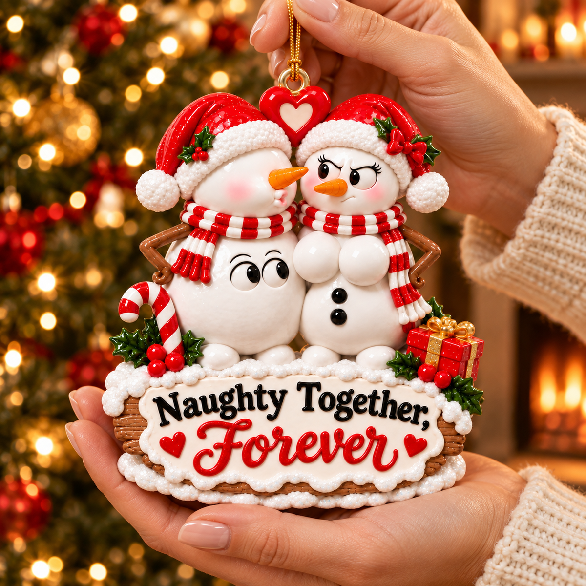 Funny snowman couple ornament held in two hands