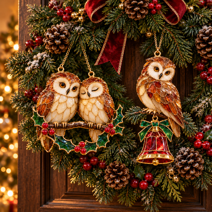 Woodland Christmas Owls – Vintage Stained Glass Style Christmas Ornaments, Set of 6