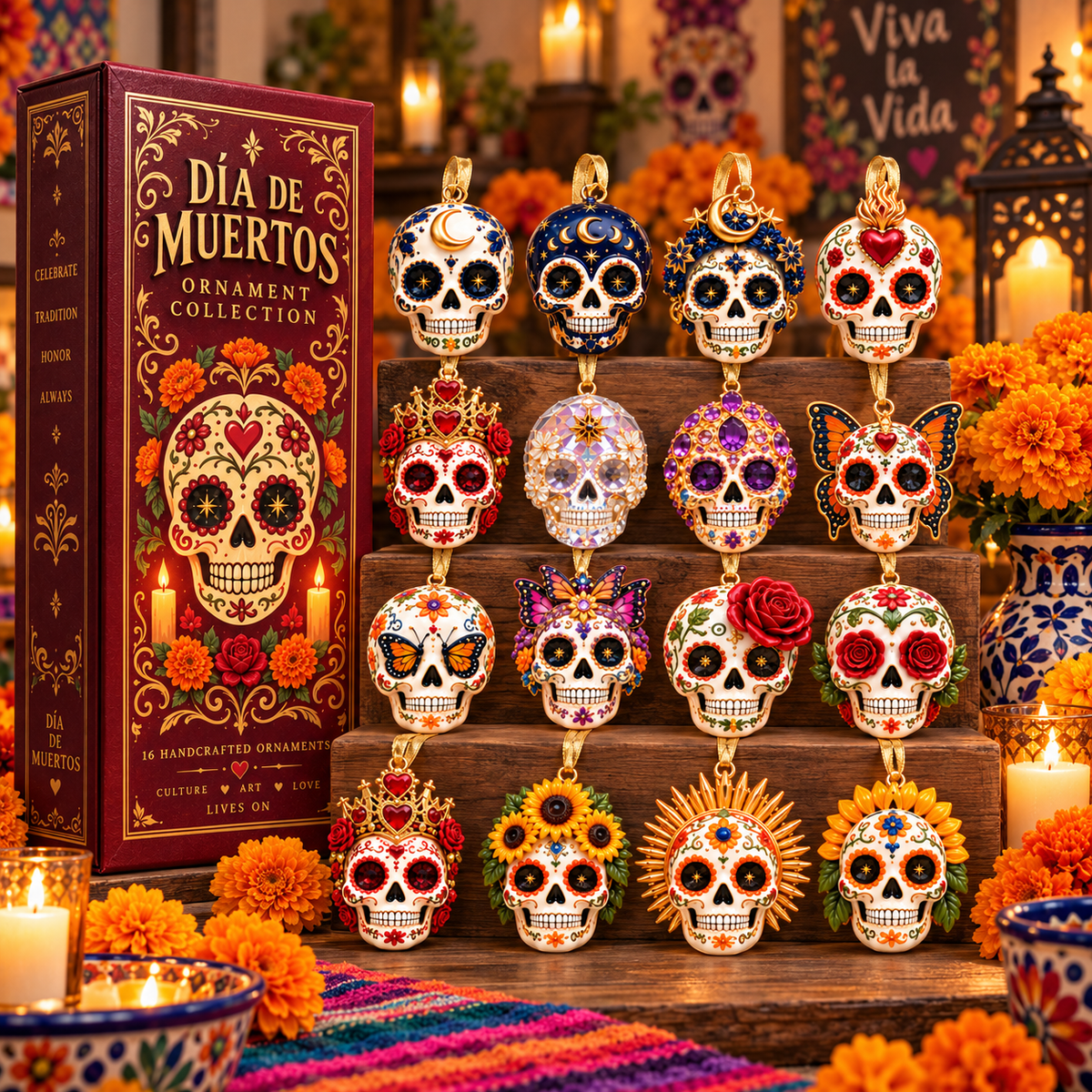 Día de Muertos Sugar Skull Ornament –  Colorful Day of the Dead Hanging Keepsake Collection, Festive Mexican-Inspired Gift for Family & Friends