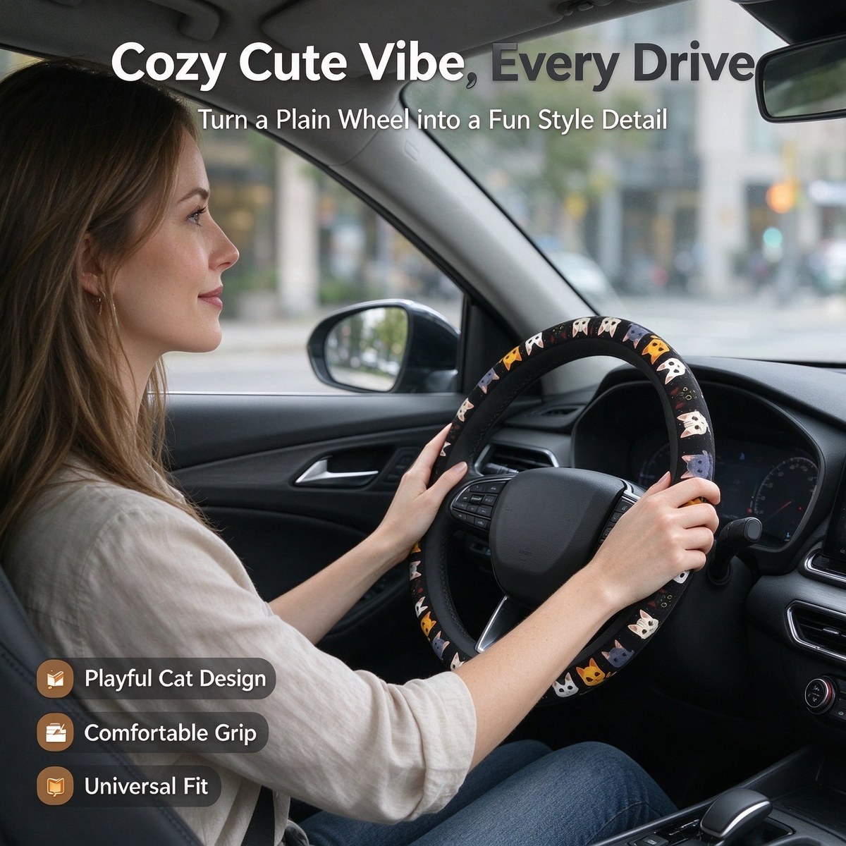 Cute Cat Pet-Themed Pattern, Single-Pack Car Steering Wheel Cover, Comfortable Grip 🐱