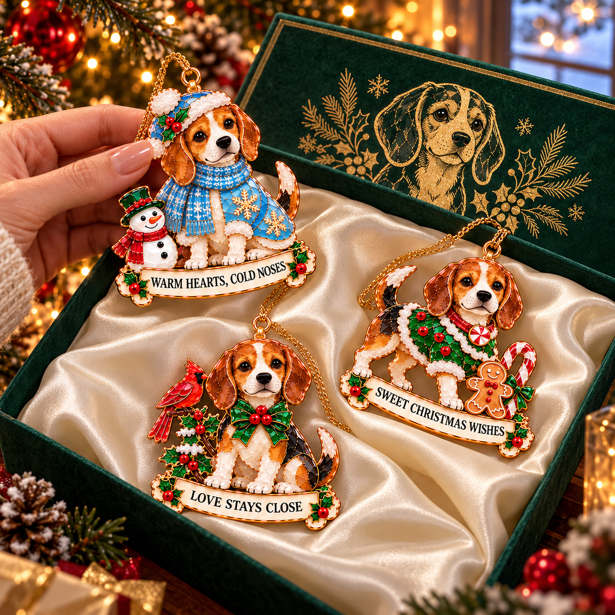 2026 Beagle Christmas Ornament Gift Set – 6 Festive Designs with Stained Glass Style & Heartwarming Wishes